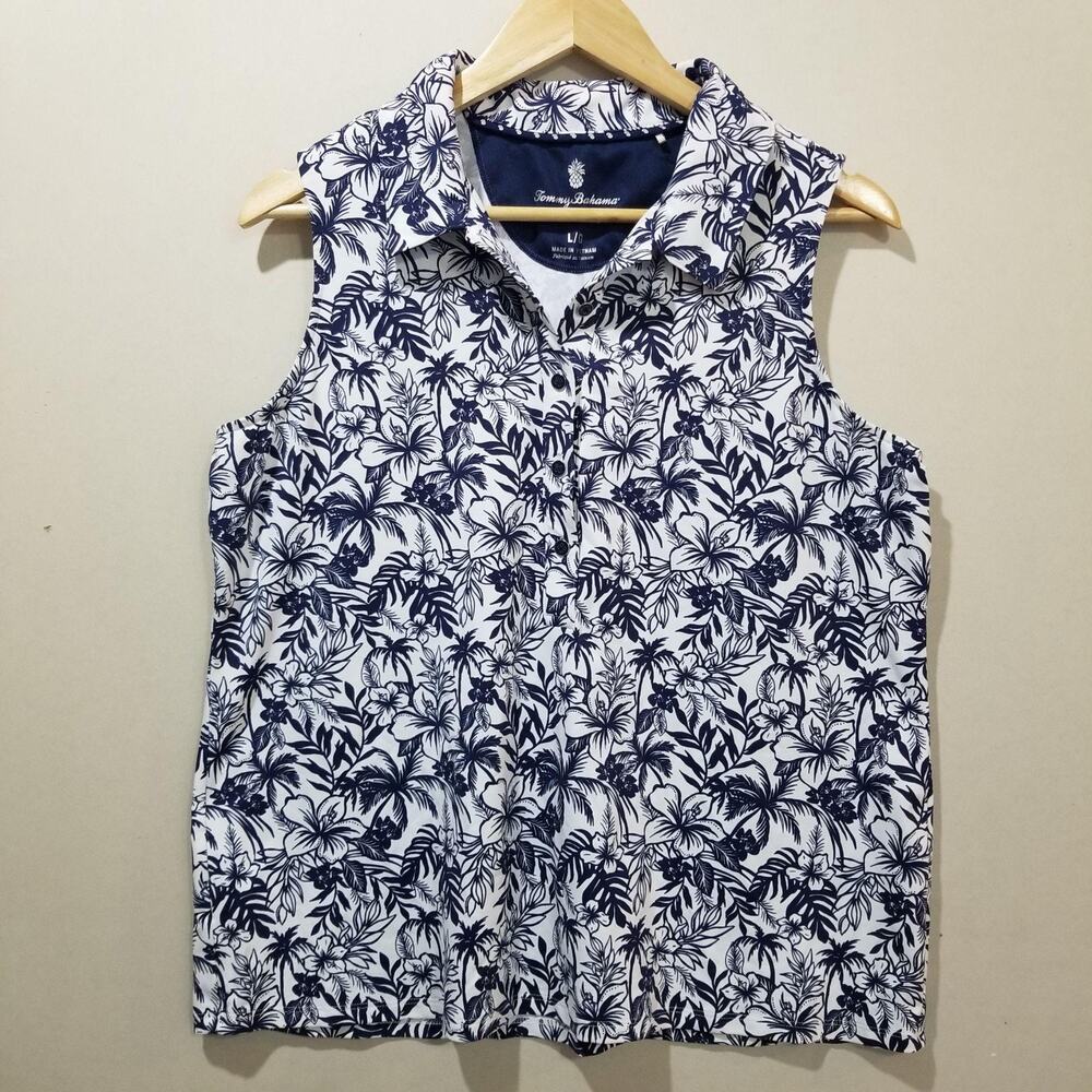 Tommy Bahama IslandZone Polo Women Large Sleeveless Golf Navy White Floral